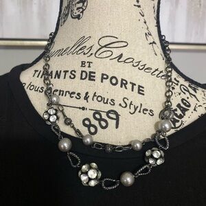 Pearl and Crystal Flower Link Necklace - Silver Tone